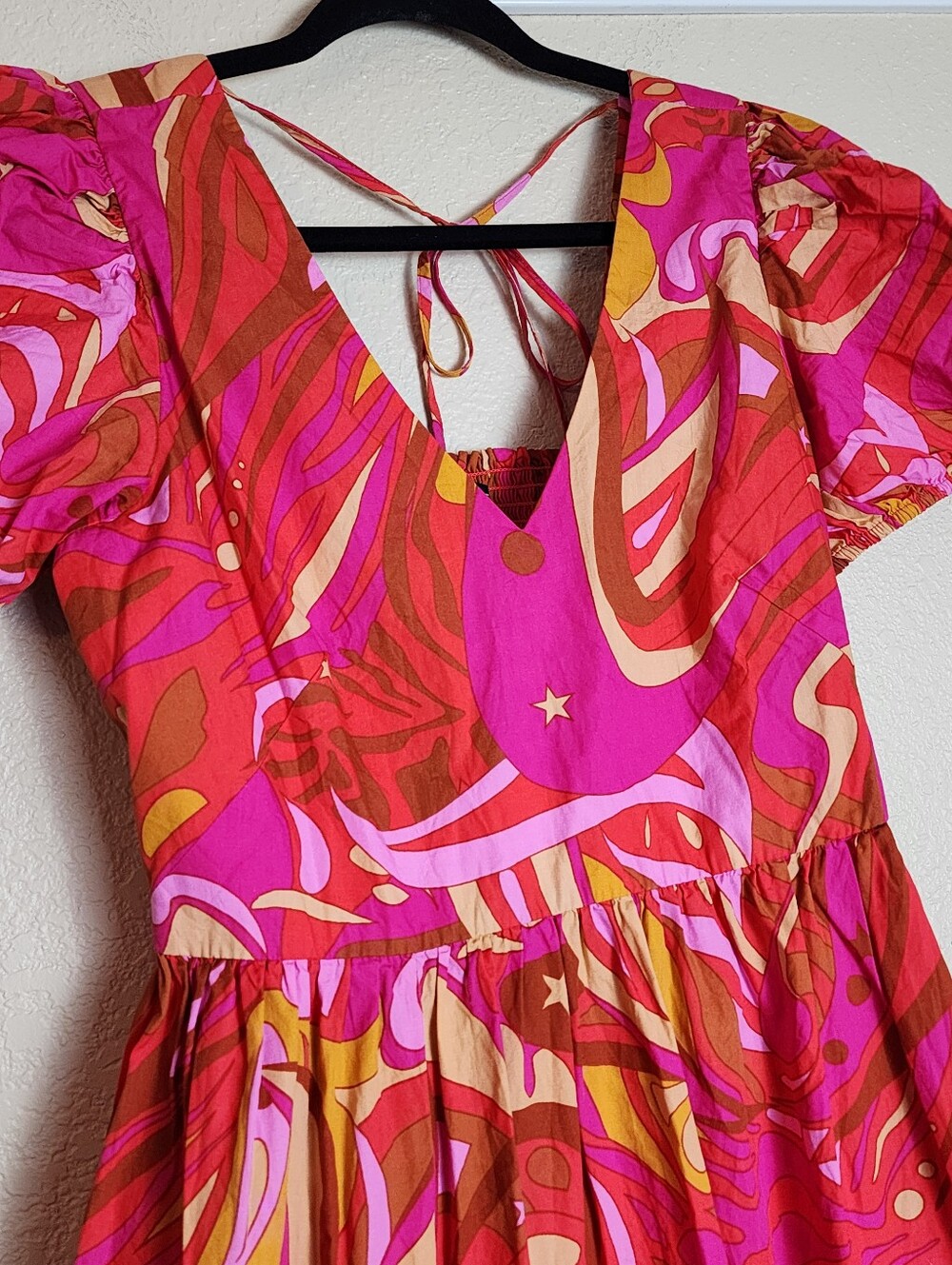 1. STATE Pink Abstract Print Open Back Midi Dress | Puff Sleeve Cotton | Medium - Picture 10 of 10